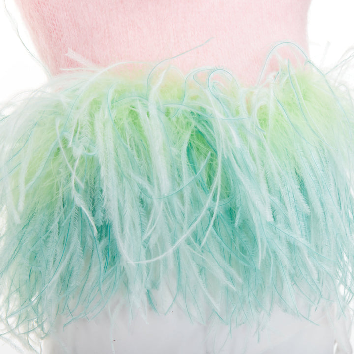 SAINT LAURENT 2022 Runway pink mohair wool green feather hem crop sweater M