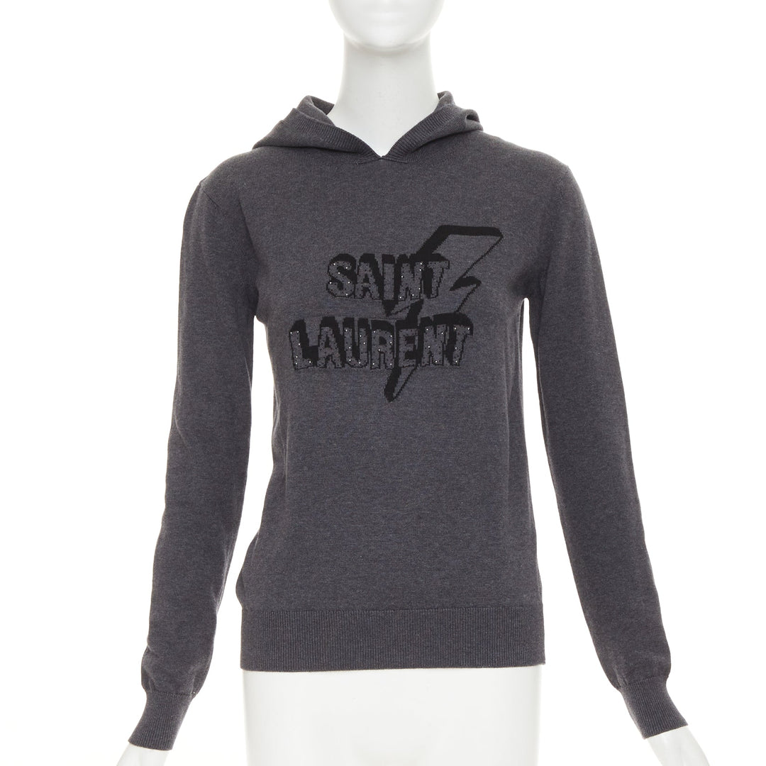 SAINT LAURENT 2017 Eclair Lightning Bolt grey black logo stud hooded sweater XS