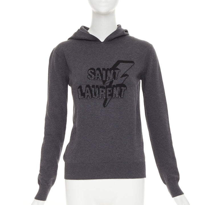 SAINT LAURENT 2017 Eclair Lightning Bolt grey black logo stud hooded sweater XS