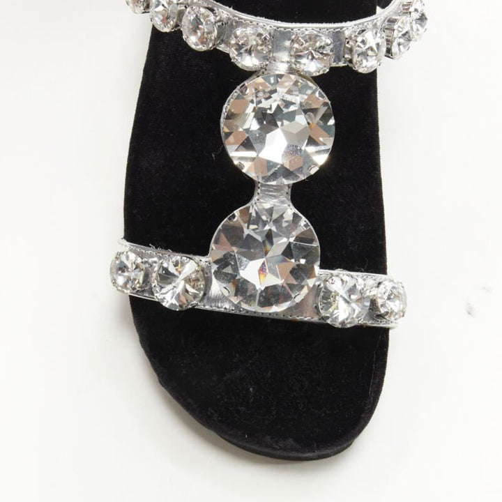 MIU MIU large rhinestone crystal metallic silver velvet flat sandals EU36