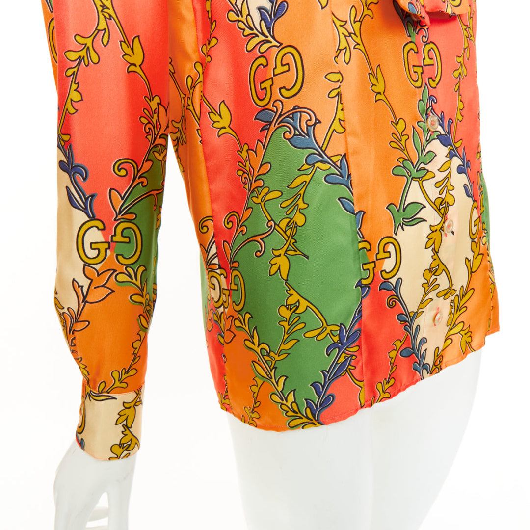 GUCCI 2021 Fluo Barocco orange green  GG Rhombus Ramage silk blouse IT38 XS