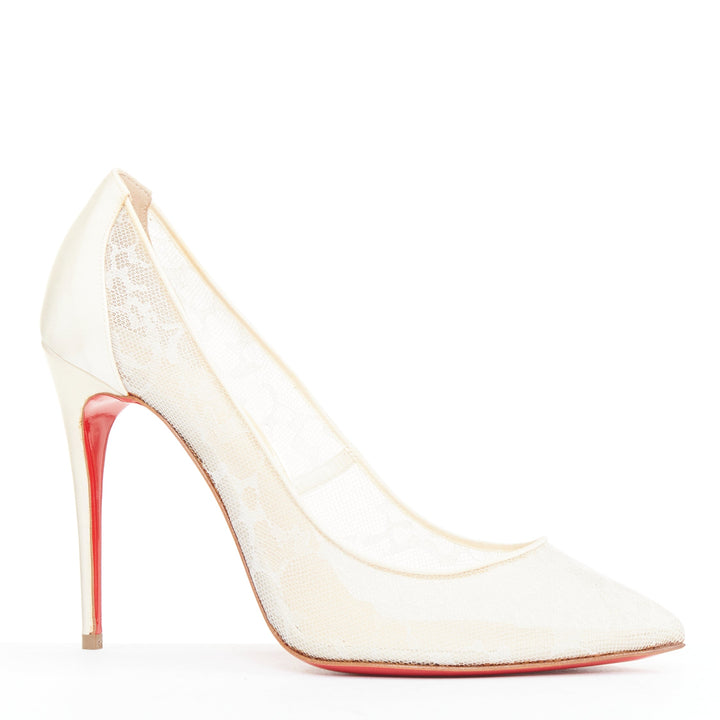CHRISTIAN LOUBOUTIN Pigalace 100 Dentelle Nuage Crepe ivory satin heels EU37.5