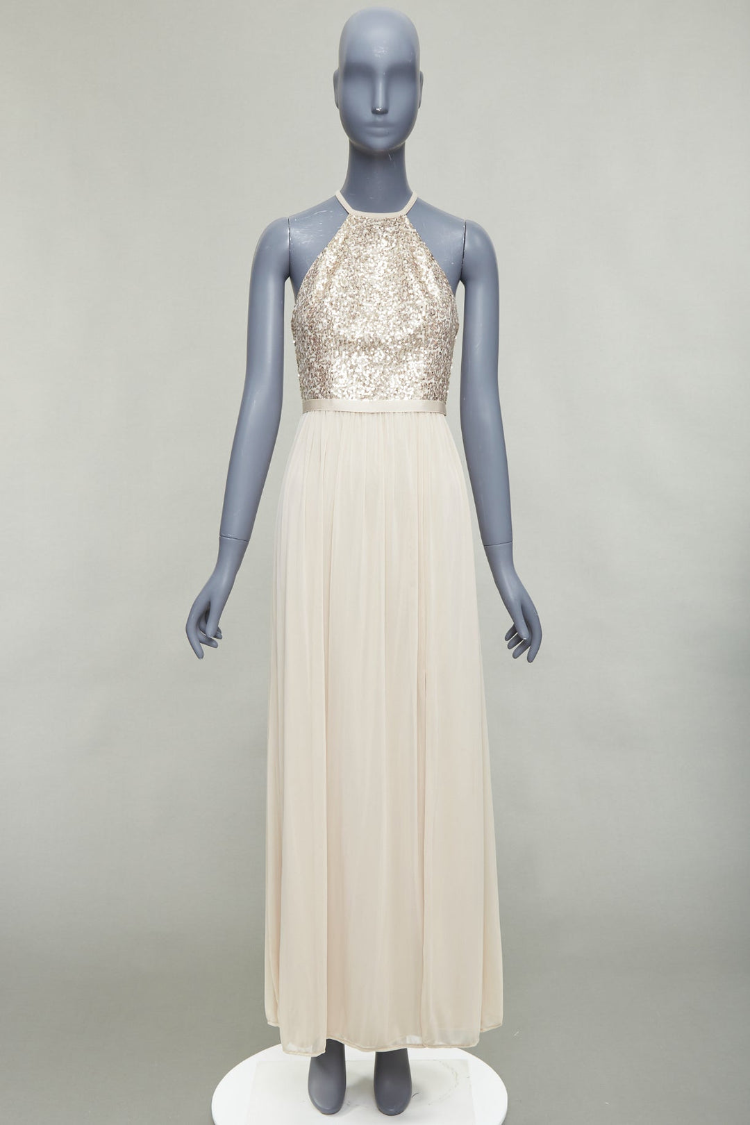 DAVID'S BRIDAL champagne sequin bodice halter ruched goddess dress US0 XS