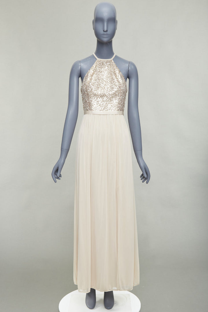 DAVID'S BRIDAL champagne sequin bodice halter ruched goddess dress US0 XS