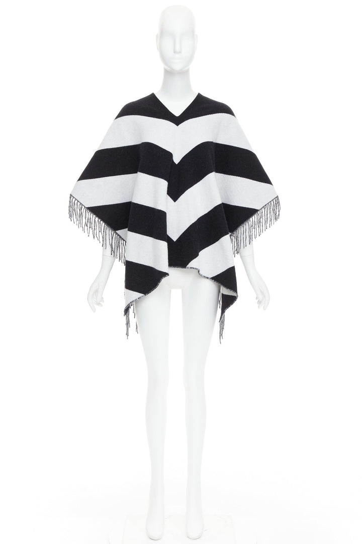 VALENTINO black white stripes logo double layer poncho scarf top