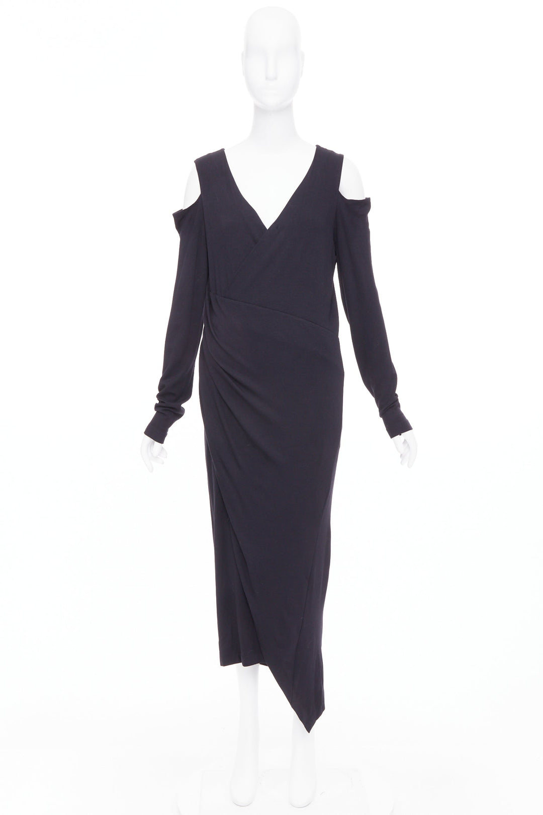 DONNA KARAN black jersey cold shoulder long sleeve side drape dress L
