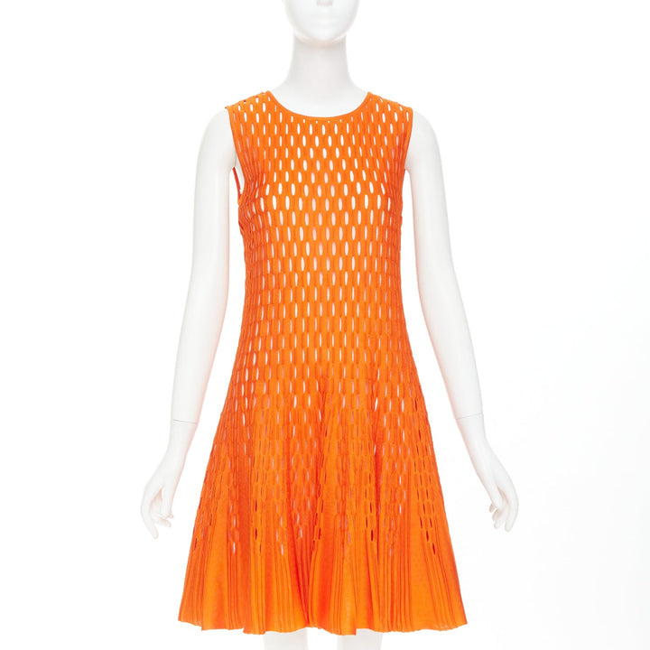 DIOR orange viscose blend perforated knit cream silk line fit flare dress FR38 M
