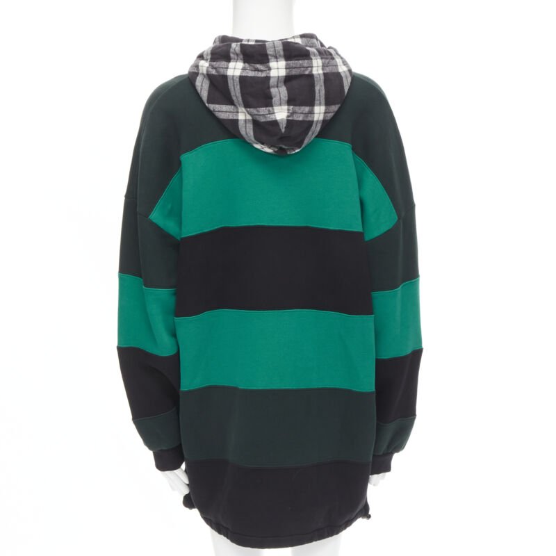 BALENCIAGA Demna green black striped patchwork checked hoodie sweater L