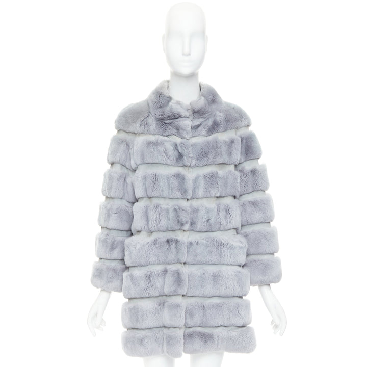 INNIU misty blue fur leather horizontal tiered long coat