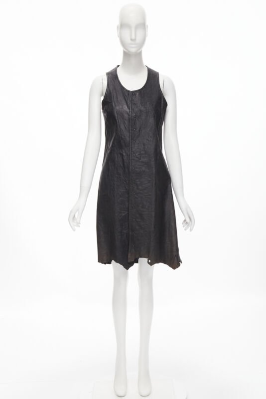 vintage JUNYA WATANABE 1992 black cow hide leather distressed raw cut dress M