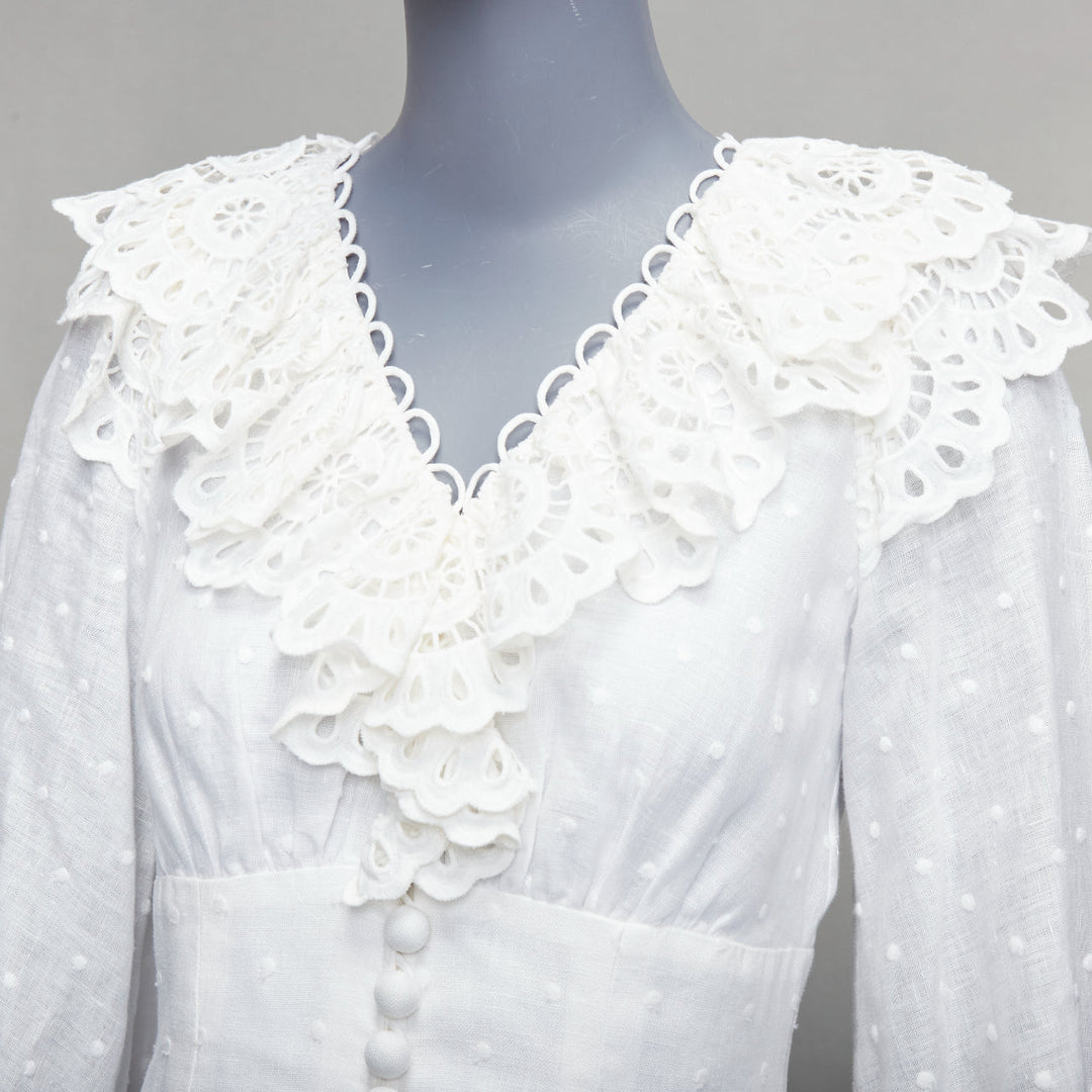 ZIMMERMANN Bellitude white linen lace victorian buttons scalloped dress Sz.1 S