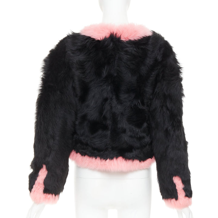 rare CHANEL 21K black pink shearling fur CC crystal button 4 pocket jacket FR36