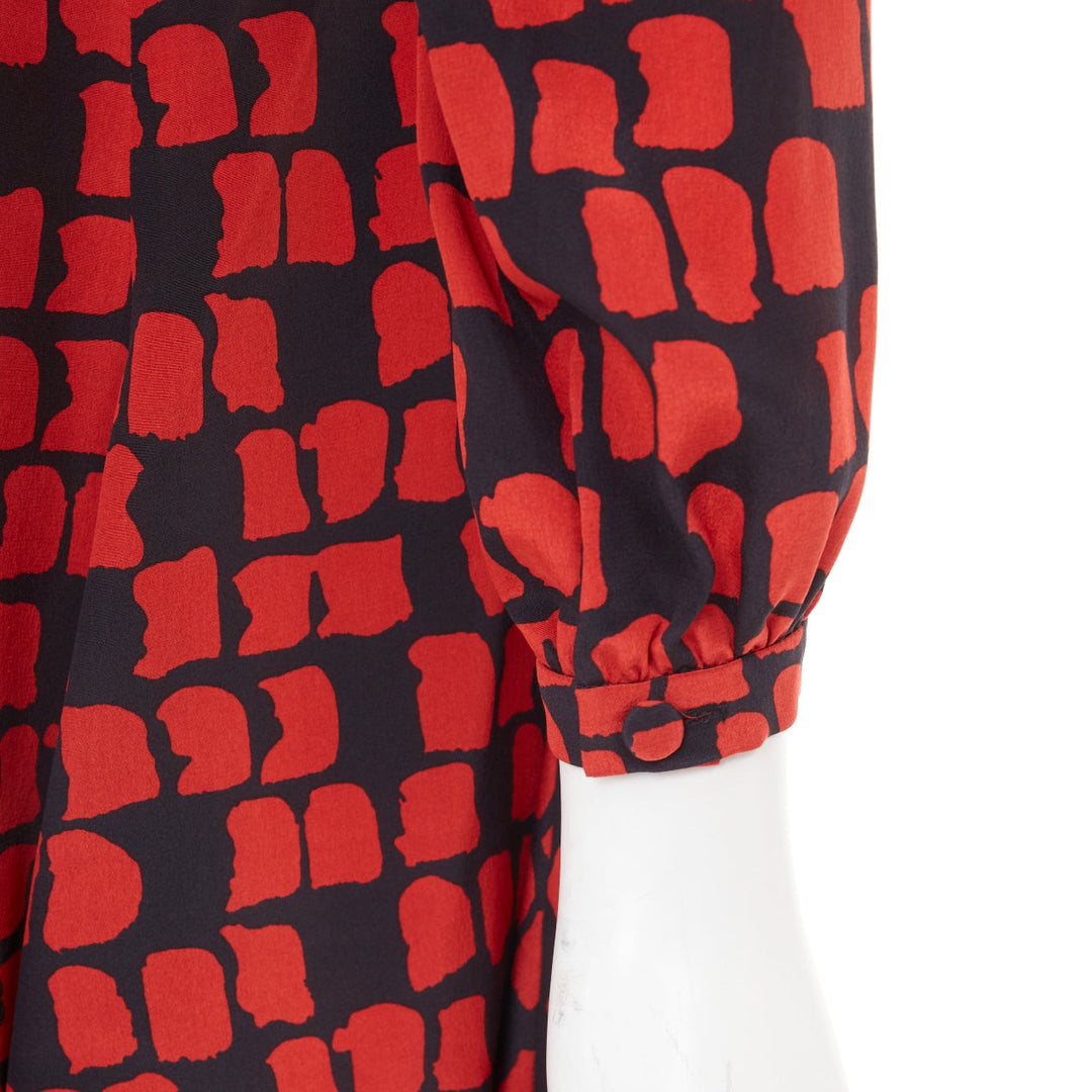 SAINT LAURENT 2012 red black geometric block silk shoulder padded dress FR34 XXS