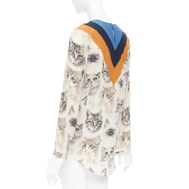 STELLA MCCARTNEY 2016 100% silk  beige orange cat print blouse IT38 XS