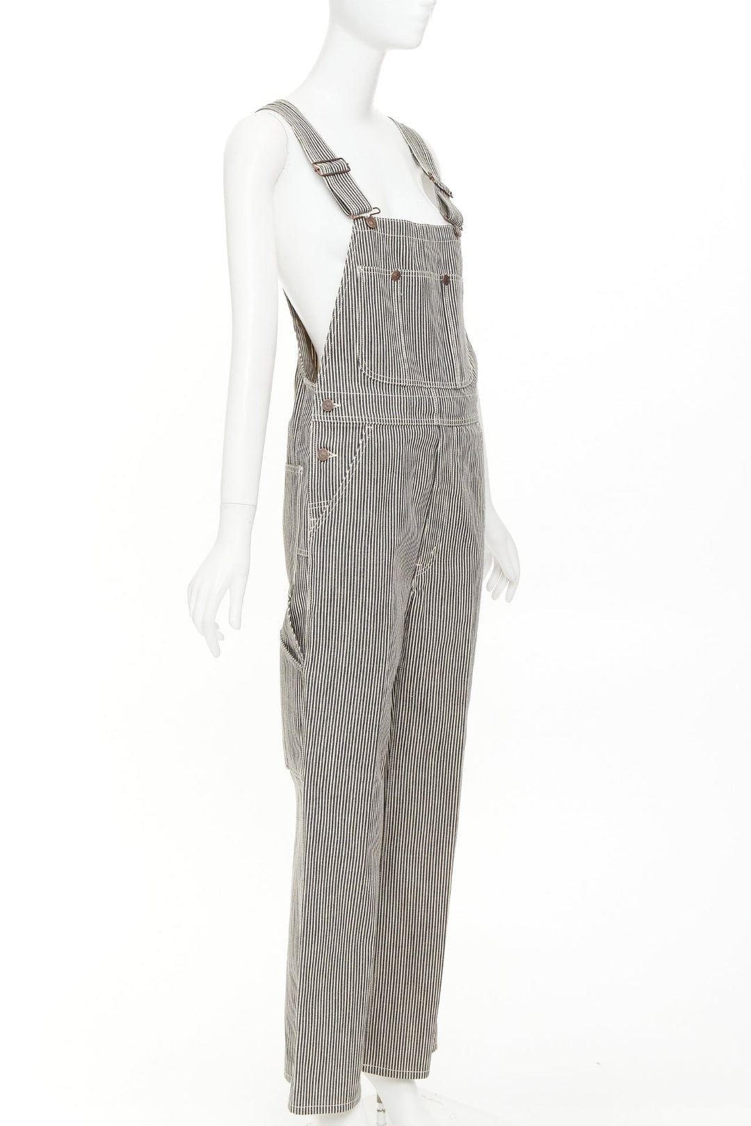 CELINE 2020 Runway Hickory grey striped logo buckles cargo overalls dungaree 28"