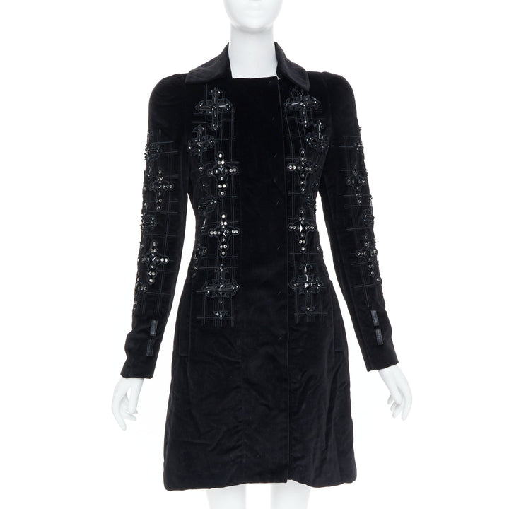 VERSACE 2012 runway black velvet gothic Byzantine cross flared zip coat IT38 XS