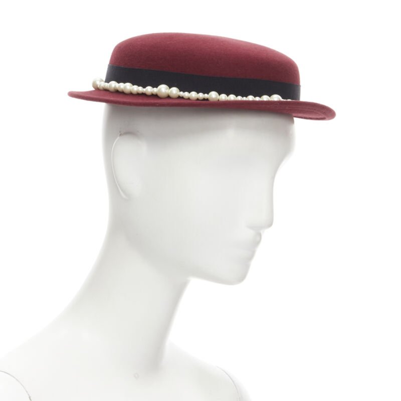 MAISON MICHEL Melanie Pearles burgundy red wool felt topper fedora hat 54cm