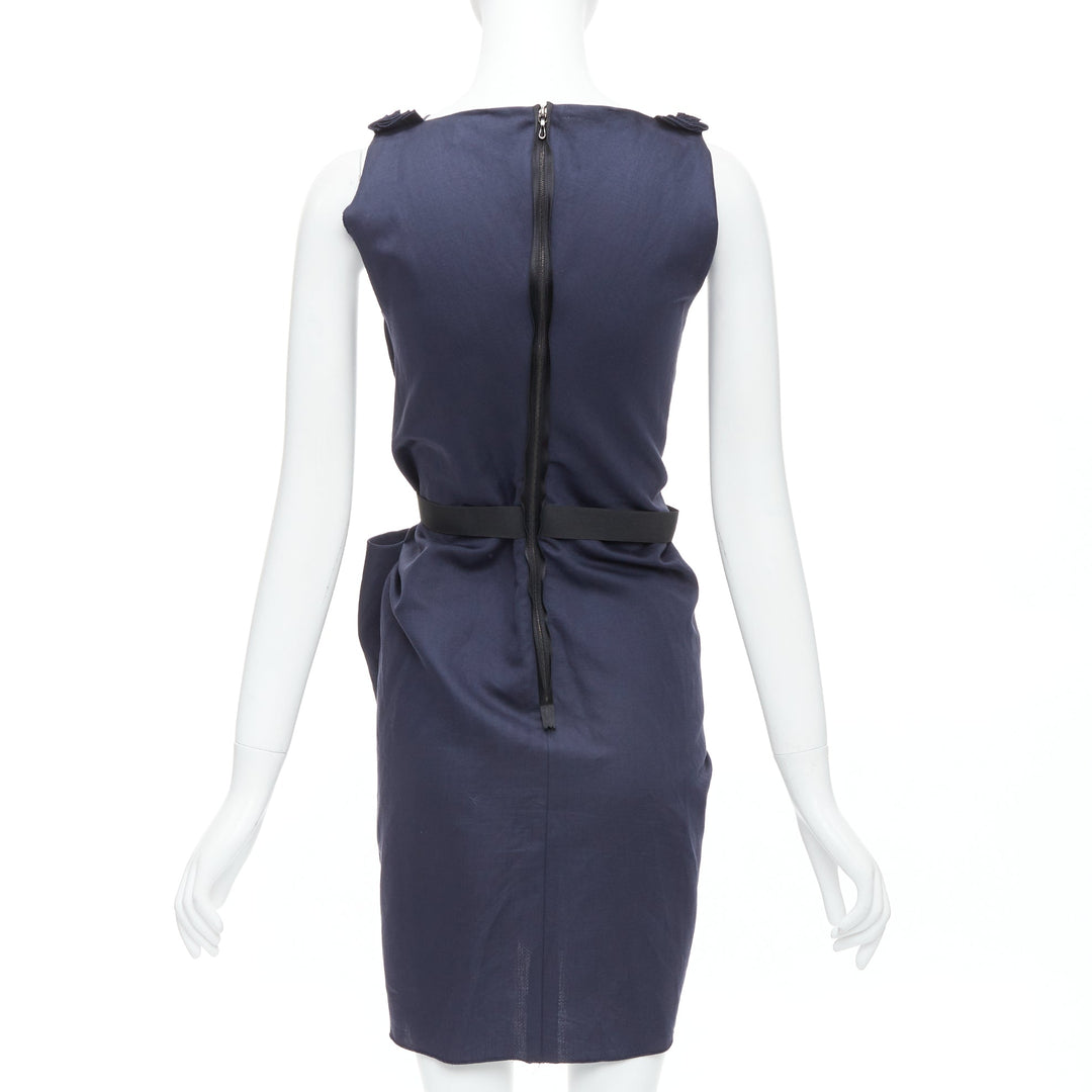 LANVIN 2010 navy ramie cotton drape black belted mini dress FR36 S