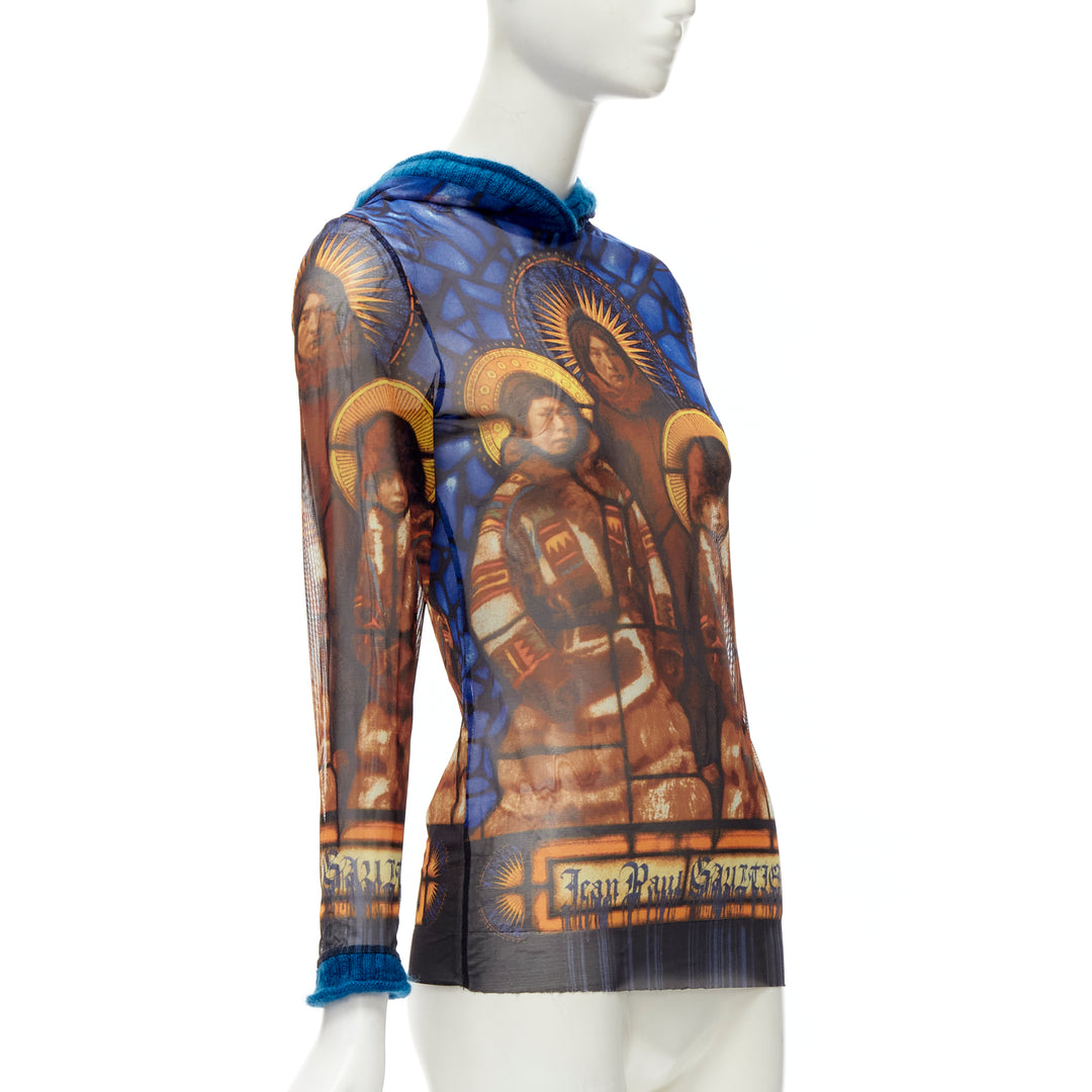 JEAN PAUL GAULTIER blue cathedral print gothic logo wool hooded top IT40 S