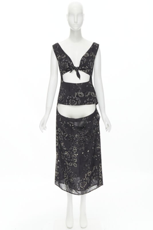 YOHJI YAMAMOTO black pixelated floral paisley cut out draped front midi dress S
