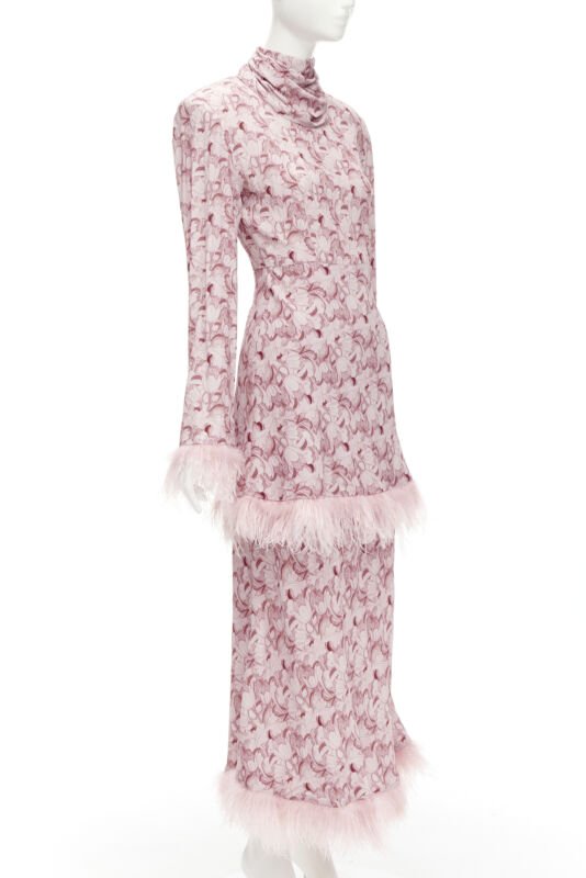 ROWEN ROSE pink Art Deco floral ostrich feather trim tiered midi dress FR34 XS