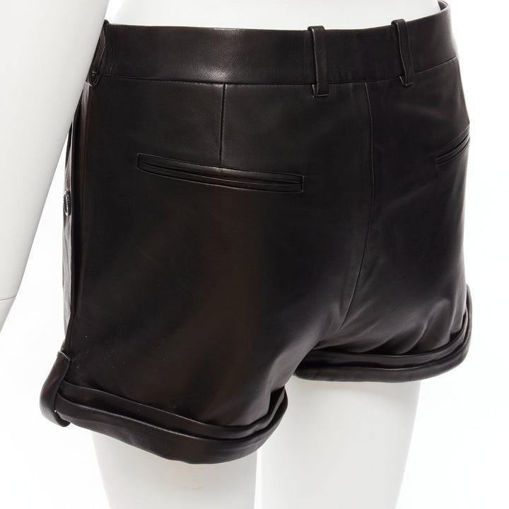 SAINT LAURENT 2017 black lambskin leather high waisted cuffed shorts FR36 S