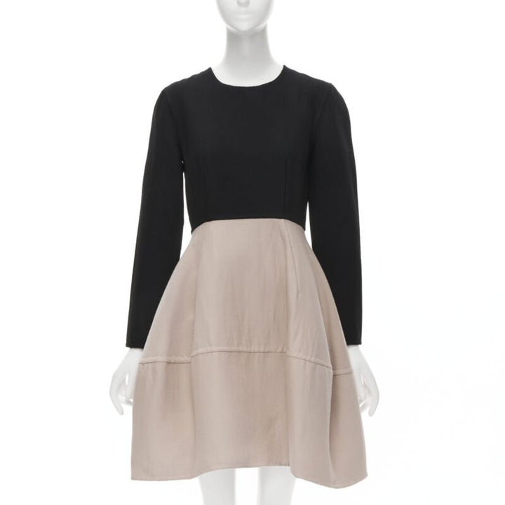 MARNI black nude wool crepe long sleeve bubble skirt fit flared dress IT38 XS