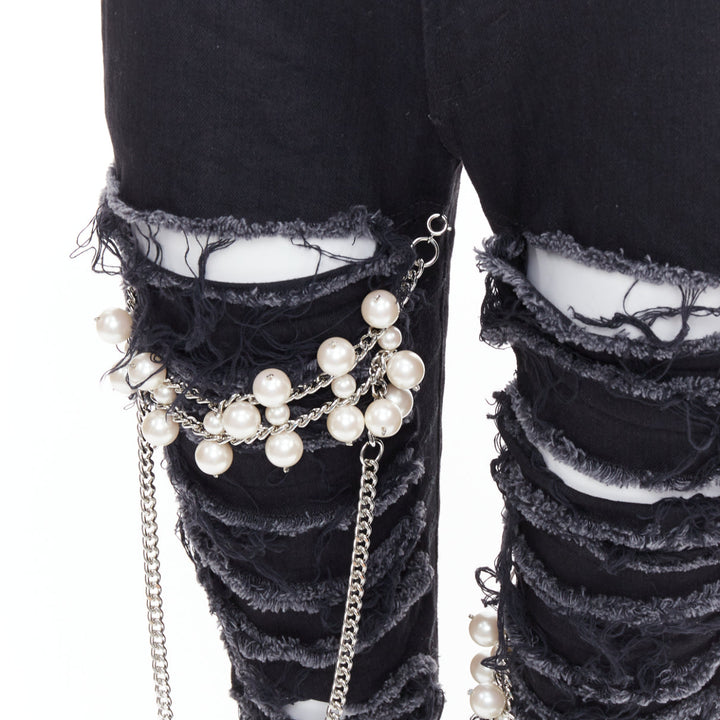 JUNYA WATANABE 2022 Punk black pearl chain chain destroyed ripped jeans XS