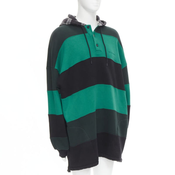 BALENCIAGA Demna green black striped patchwork checked hoodie sweater L