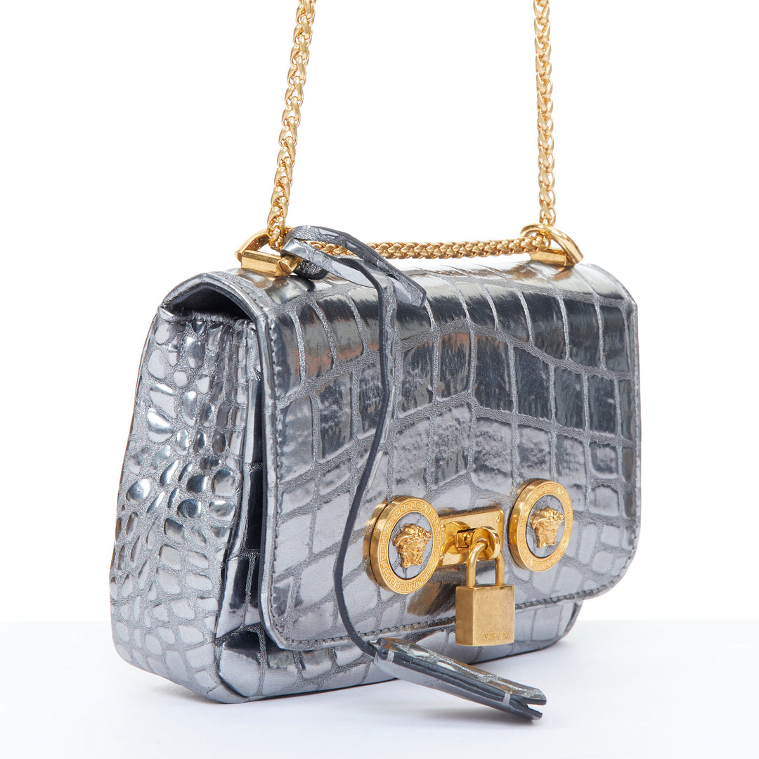 VERSACE 2018 Icon Medusa padlock metallic silver scaled leather crossbody bag