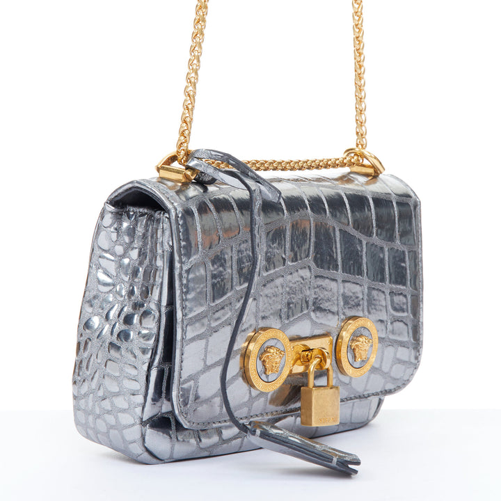 VERSACE 2018 Icon Medusa padlock metallic silver scaled leather crossbody bag