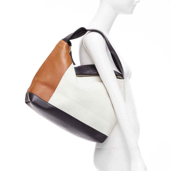 MARNI brown white black colorblock leather double gold zip tote bag