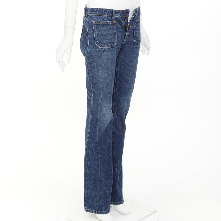 SAINT LAURENT 2018 blue washed denim patch pocket mid waist flare leg jeans 27"