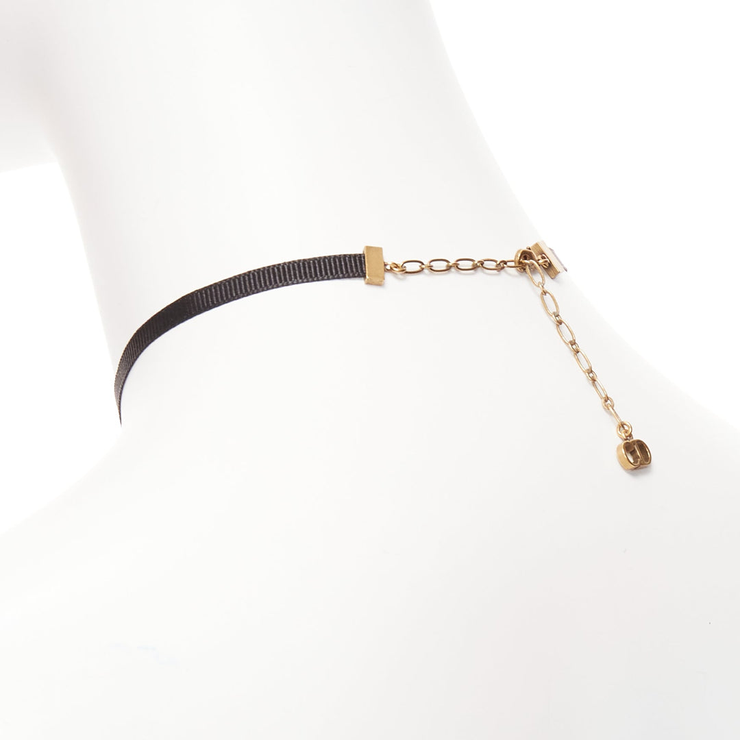 DIOR J'adior antique gold logo plate black ribbon CD charm choker necklace