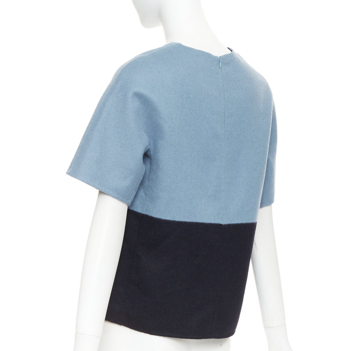 THE ROW bicolor blue black wool cashmere crew neck half sleeve top US0 XS
