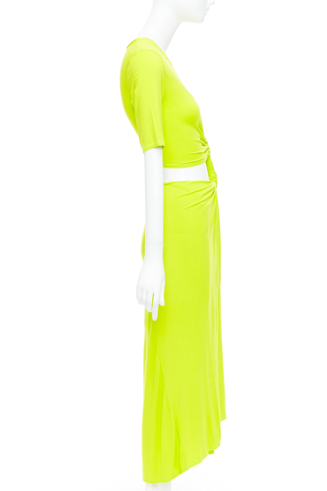 SID NEIGUM neon yellow stretch satin twist cut out draped dress XS