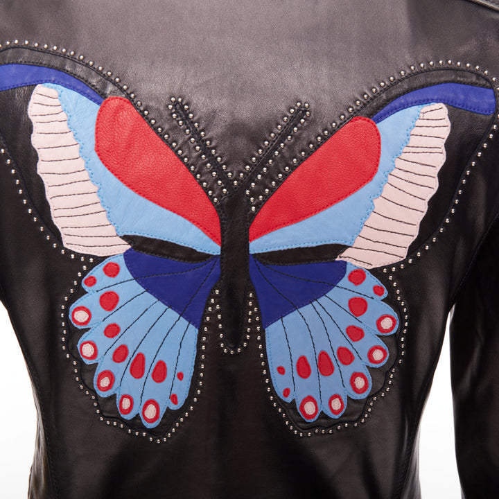 GUCCI Michele black leather bird butterfly applique studded biker jacket IT38 XS