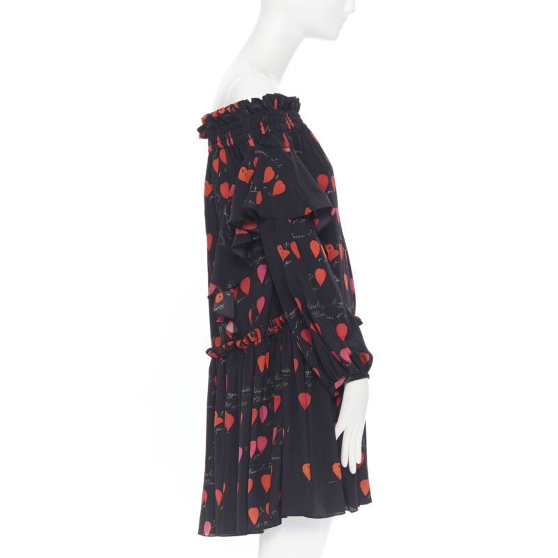 ALEXANDER MCQUEEN black red petal print silk ruffle off shoulder dress IT40