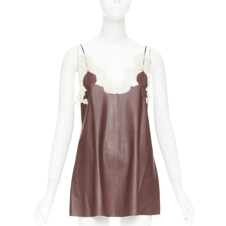 DIOR 2016 Raf Simons brown lambskin leather lace trim micro slip dress FR36 S
