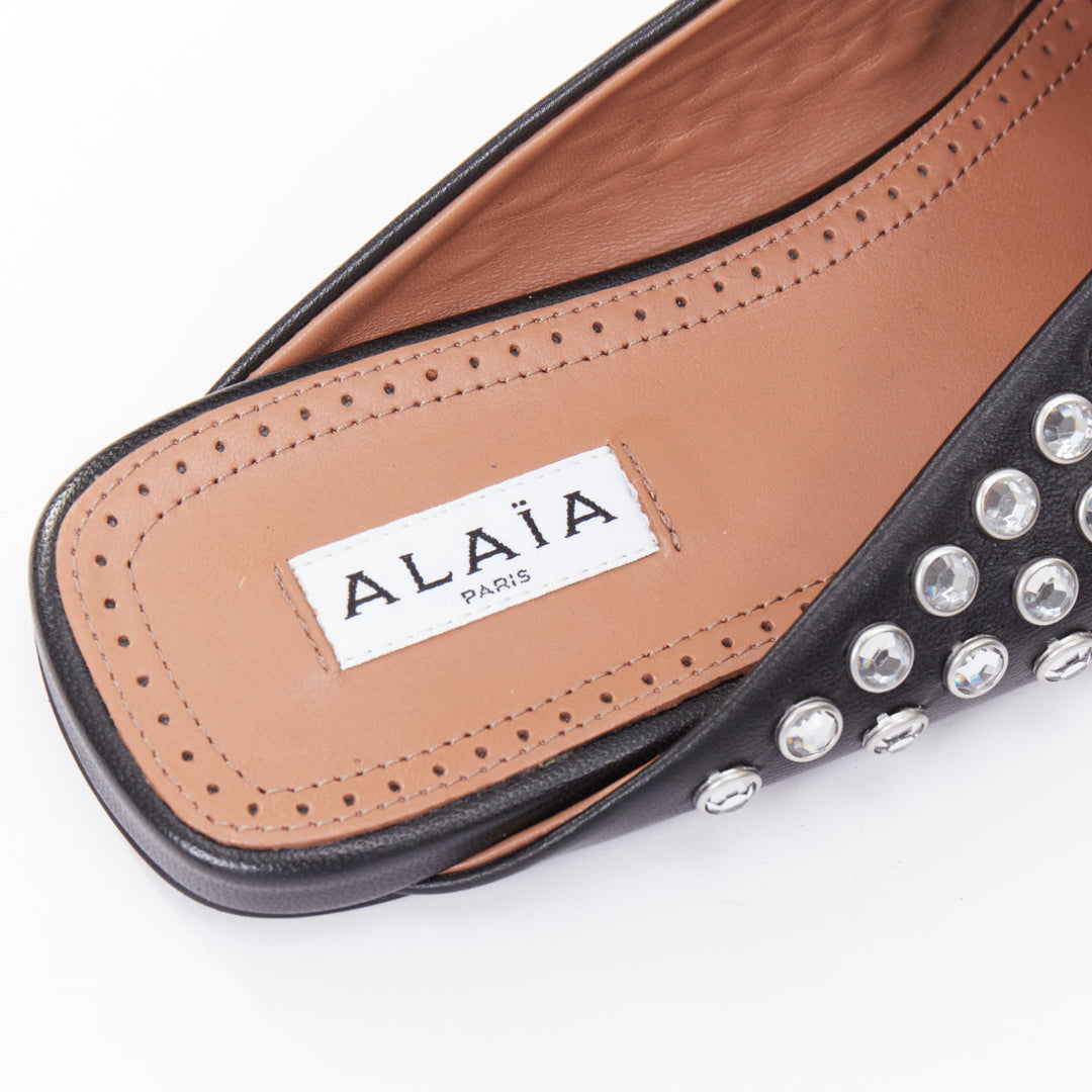 ALAIA Crystal Slide On black leather clear strass embellished flat mule EU38