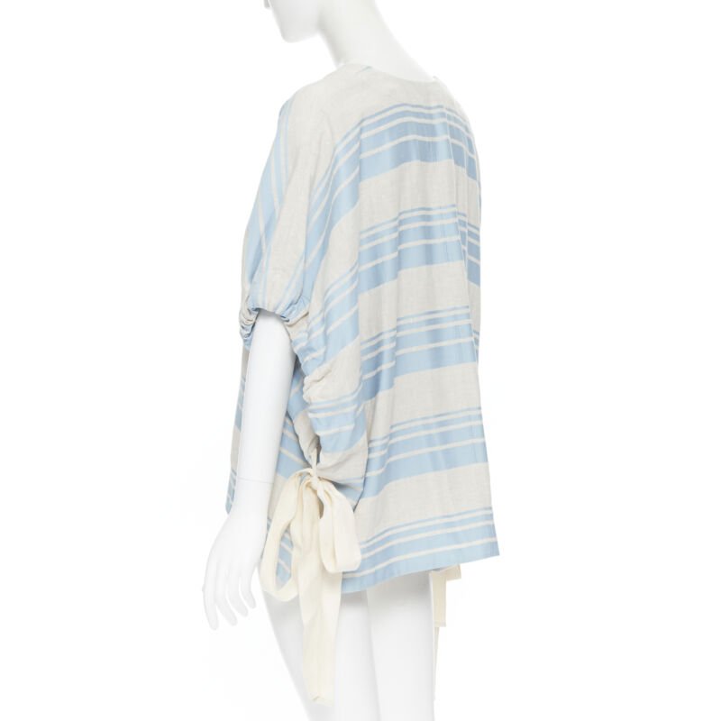 LEE MATTHEWS light grey blue striped linen cotton drawstring poncho top US0 XS