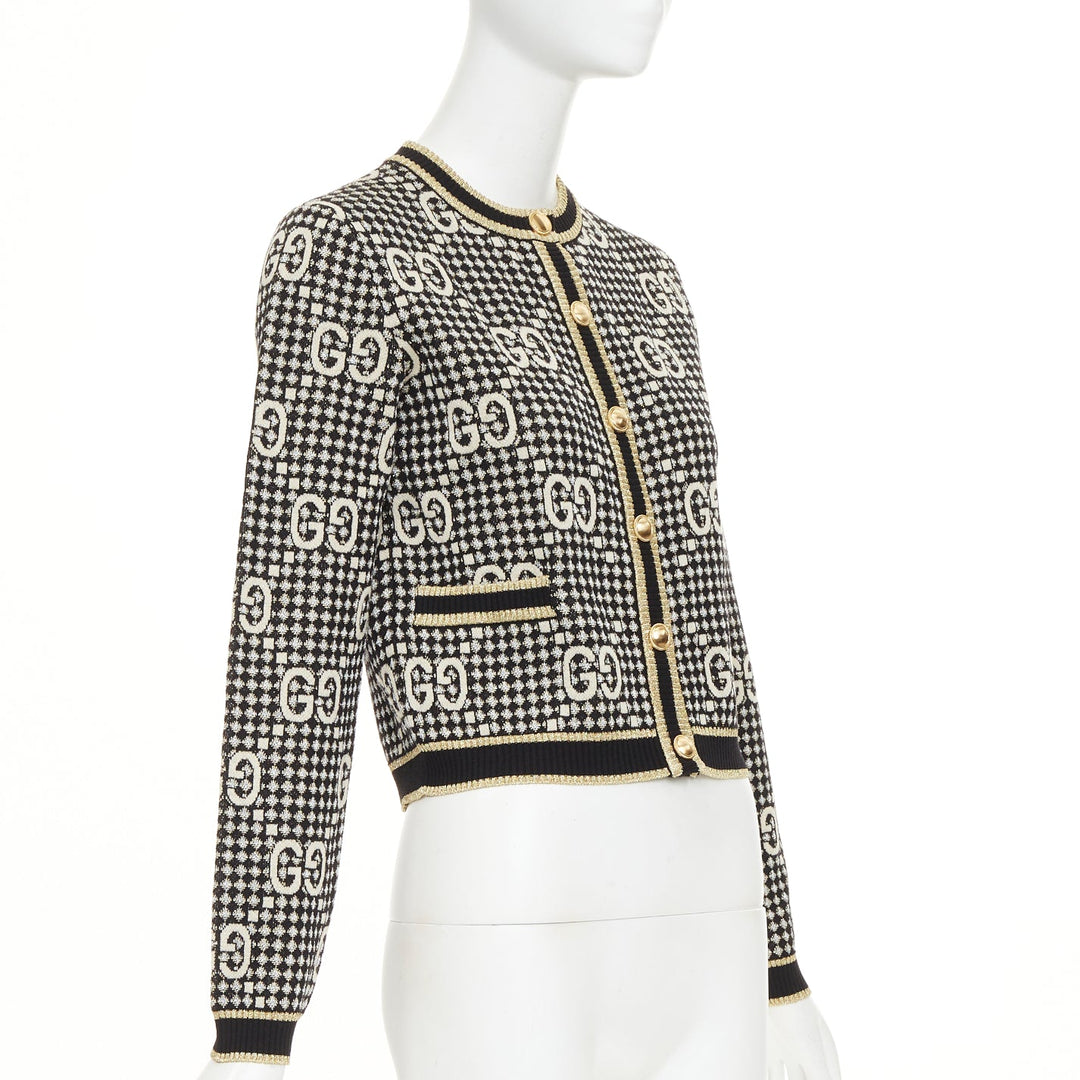 GUCCI 2019 GG Diamond black gold wool blend metallic web cropped cardigan XS