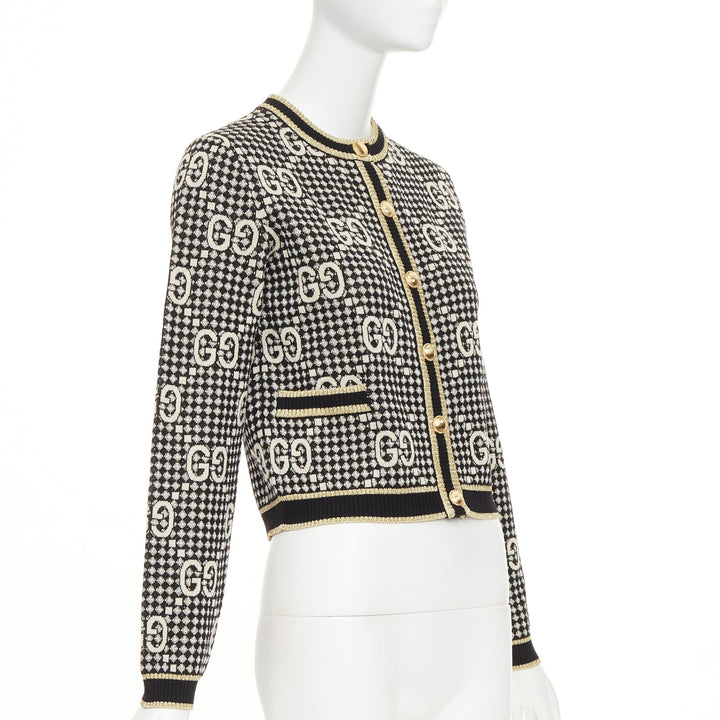 GUCCI 2019 GG Diamond black gold wool blend metallic web cropped cardigan XS