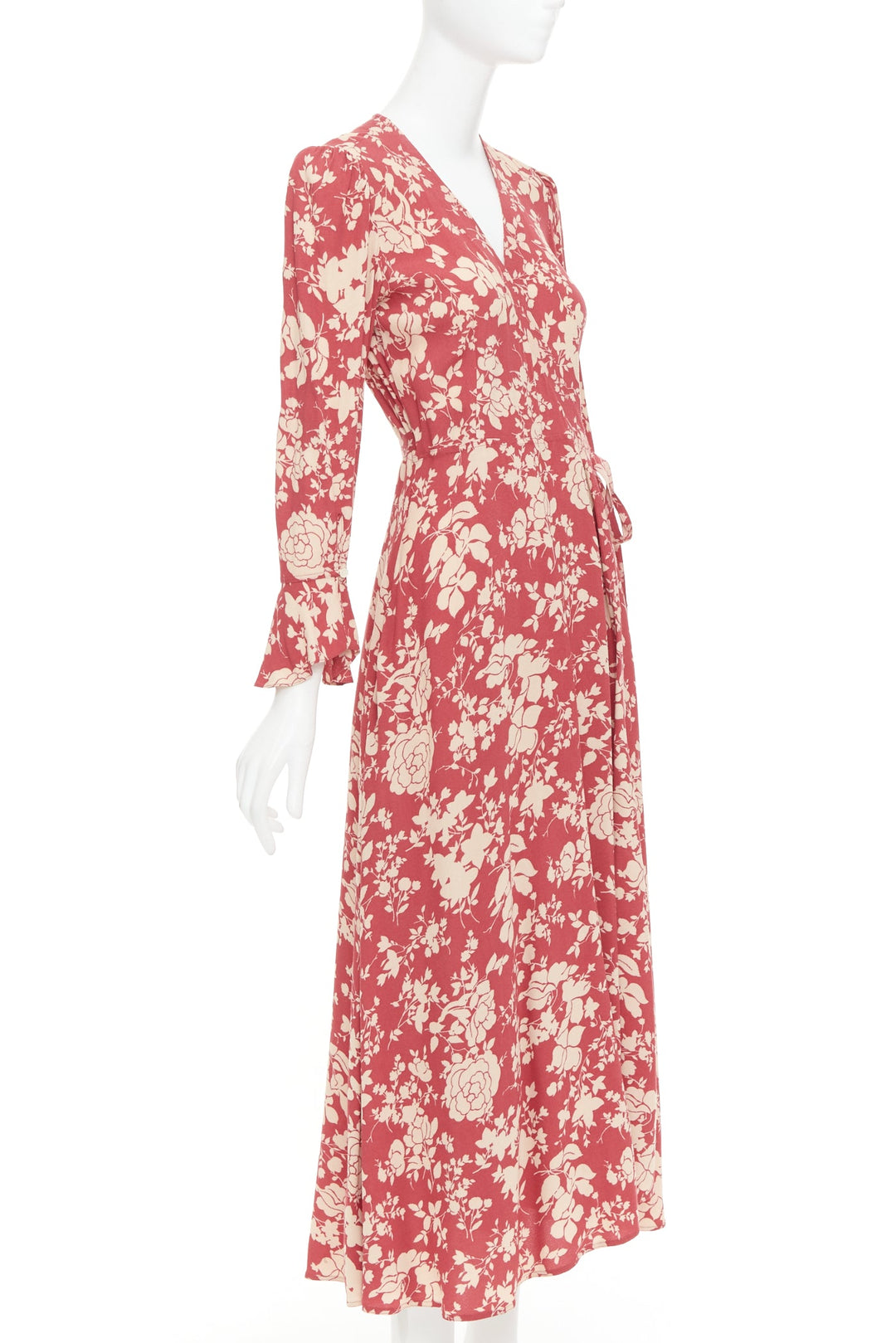 POLO RALPH LAUREN red beige floral print flare sleeve wrap dress US2 S