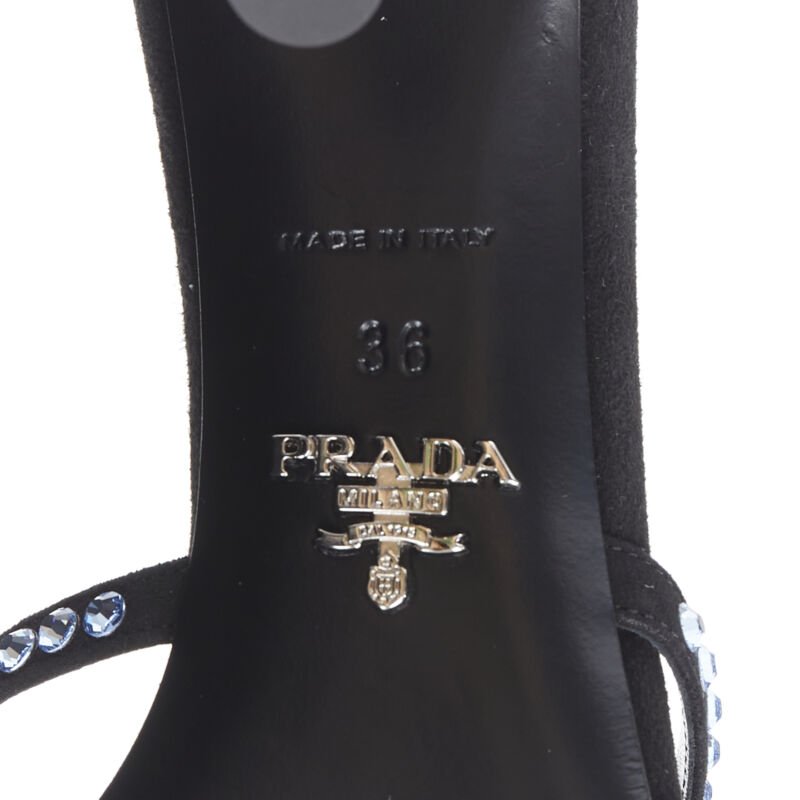PRADA 2019 blue crystal rhinestone strappy open toe mid heel sandal EU36