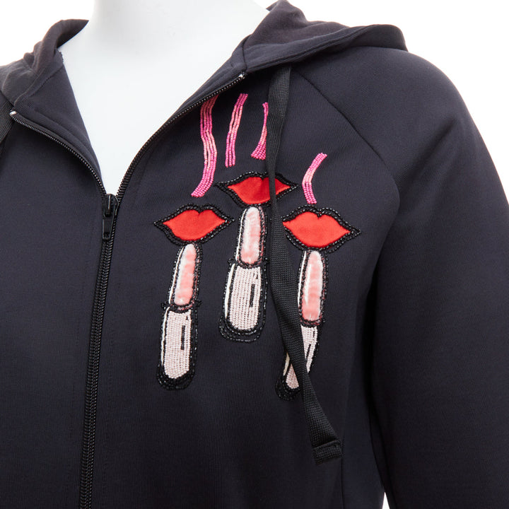 VALENTINO red pink velvet lipstick beaded applique black hoodie S