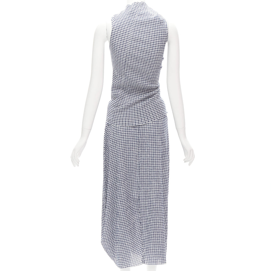 JIL SANDER blue white gingham crinkled asymmetric top skirt set FR34 XS