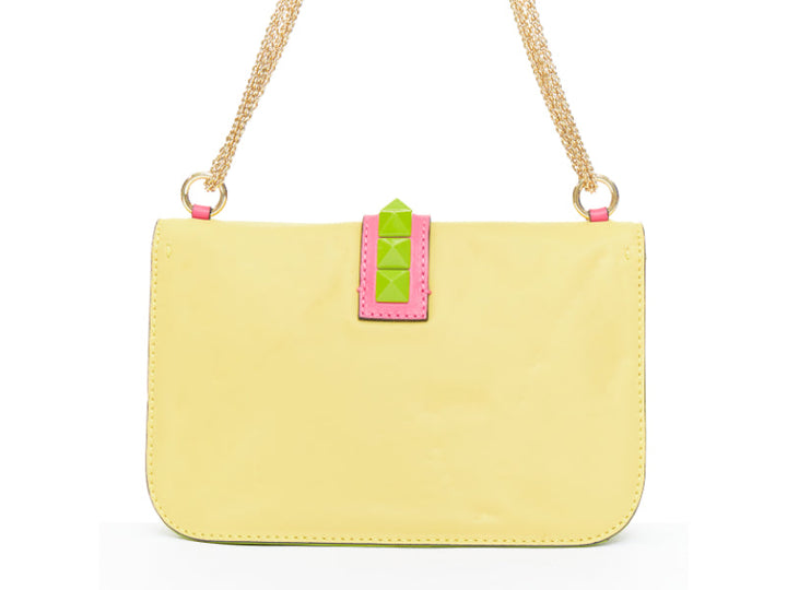 VALENTINO Glam Lock yellow green pink pop Rockstud leather push lock flap bag