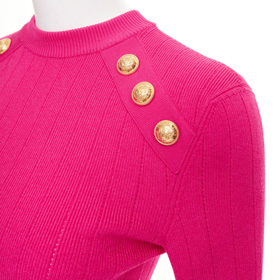 BALMAIN 2022 hot fuschia pink viscose gold buttons ribbed crew sweater FR36 S