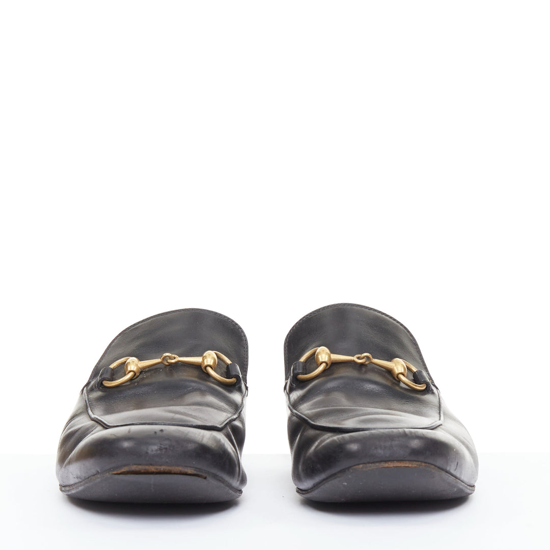 GUCCI Princetown black smooth leather gold horsebit mule loafers UK8 EU42